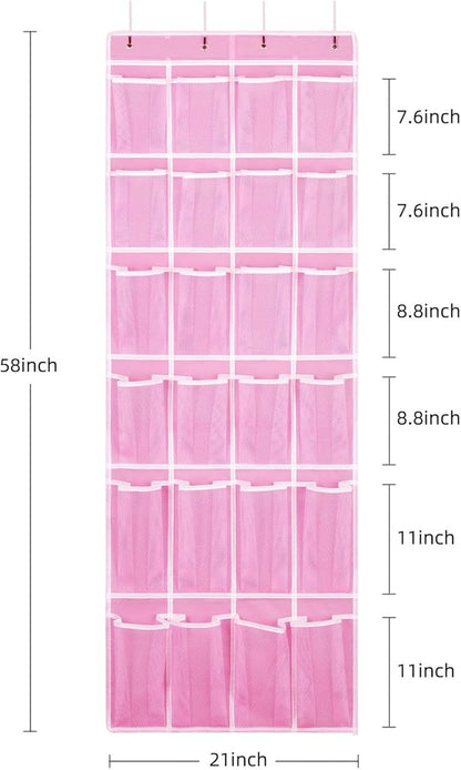 SAVERHO 2 Pack Hanging Shoe Organizer，Over Door Shoe Organizer with 24 Mesh Large Pockets Shoe Storage Bag for Sport Shoes Size:58x21 Inch Hanging Door Shoe Rack Organizer (Pink-2pack)