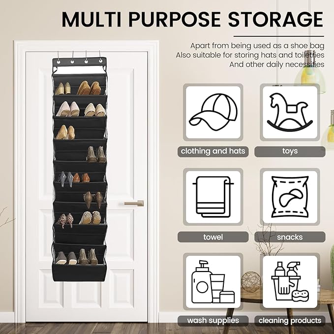10 Tier Over the Door Shoe Organizer Storage, Deep Pockets Large Hanging Shoe Organizers, Clear Hanging Shoe Rack for Closet Door, Fit 20 Pairs Shoe Holder for Boots, Sneakers, Toys, Daily Necessities