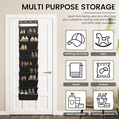 Over The Door Shoe Organizer, 10 Tier Cloth Hanging Shoe Rack, Vertical Over The Door Shoe Rack, Space Saving Over The Door Shoe Storage with 4 Hooks for Sneakers Boots