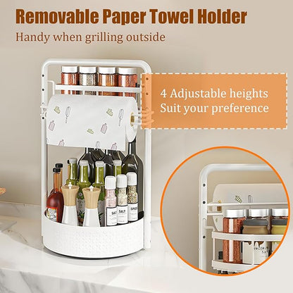 JEESA Rotating Spice Rack with Paper Towel Holder, 2 Tier Lazy Susan for Spices, Sturdy Iron Seasoning Organizer for Kitchen Countertop, White