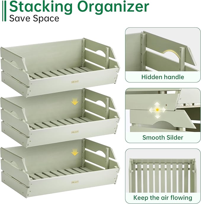 HABAU Potato Onion Storage Bin - Wood Stackable Produce Basket with Handles - Fruit and Vegetable Storage for Kitchen and Pantry Counter Organization - 3 Pack