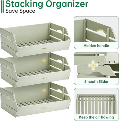 HABAU Potato Onion Storage Bin - Wood Stackable Produce Basket with Handles - Fruit and Vegetable Storage for Kitchen and Pantry Counter Organization - 3 Pack