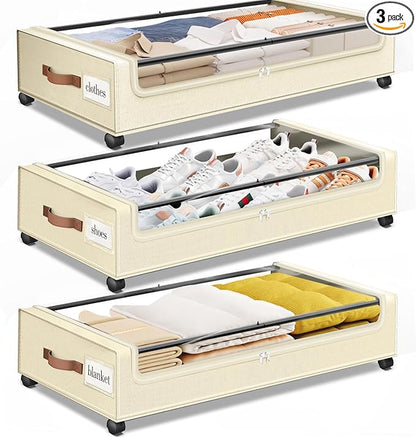 SpaceHacks Under Bed Storage with Wheels 3Pack Underbed Storage with Clear Window&Label Under Bed Drawers Large Capacity Rolling Under Bed Storage for Clothes,Shoes, Blankets (Beige)