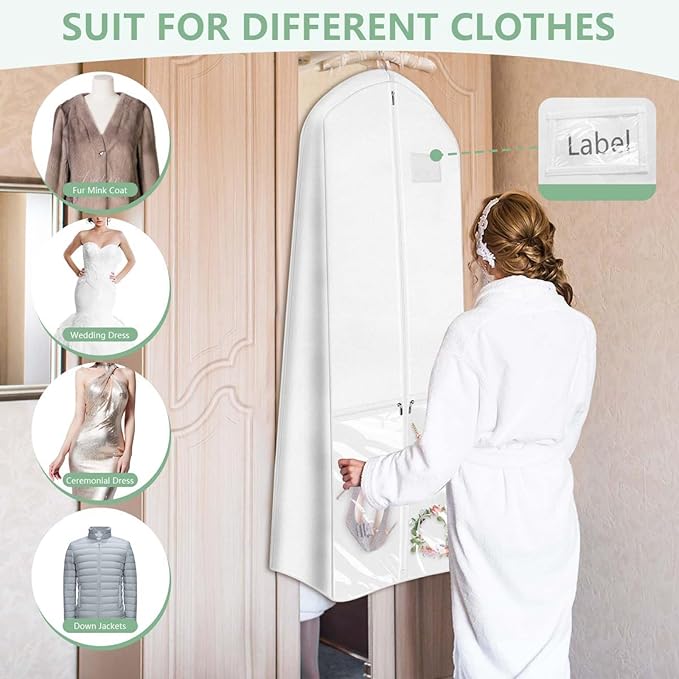 72" Long Wedding Dress Garment Bag Cover for Gowns Women with 10'' Gusseted Dress Bags 4 Pocket (White 1 Pack)
