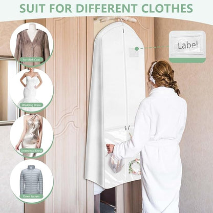 72" Long Wedding Dress Garment Bag Cover for Gowns Women with 10'' Gusseted Dress Bags 4 Pocket (White 1 Pack)