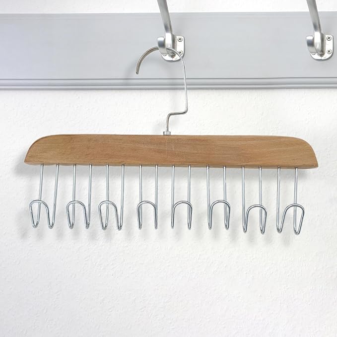 Wooden Belt Holder - Multifunctional Wooden Belt Hanger with 8 Metal Hooks - Wood Tie Scarf Rack Holder Hangers Organizer | for Hanging Belts,Tie,Scarves,neckties, Khaki
