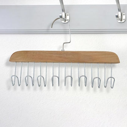 Wooden Belt Holder - Multifunctional Wooden Belt Hanger with 8 Metal Hooks - Wood Tie Scarf Rack Holder Hangers Organizer | for Hanging Belts,Tie,Scarves,neckties, Khaki