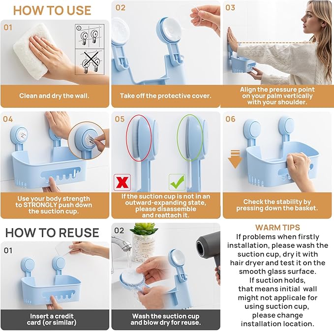 LEVERLOC Shower Caddy Suction Cup Set Shower Organizer & Soap Holder & Toothbrush Holder, Bathroom Shelf Basket NO-Drilling, Removable Suction Storage Waterproof Bathroom Holder, Blue