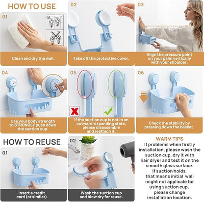 LEVERLOC Shower Caddy Suction Cup Set Shower Organizer & Soap Holder & Toothbrush Holder, Bathroom Shelf Basket NO-Drilling, Removable Suction Storage Waterproof Bathroom Holder, Blue