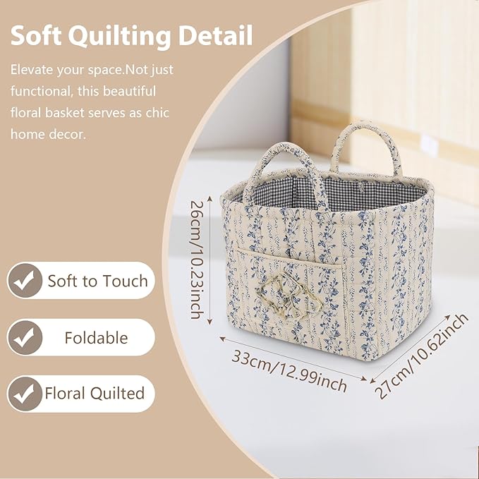 Storage Basket Boho Fabric Large Collapsible Floral Laundry Nursery Hamper Portable Folding Storage for Clothes Toys (Vine-Blue C)