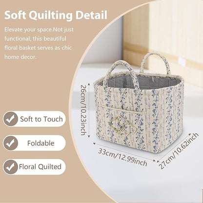 Storage Basket Boho Fabric Large Collapsible Floral Laundry Nursery Hamper Portable Folding Storage for Clothes Toys (Vine-Blue C)