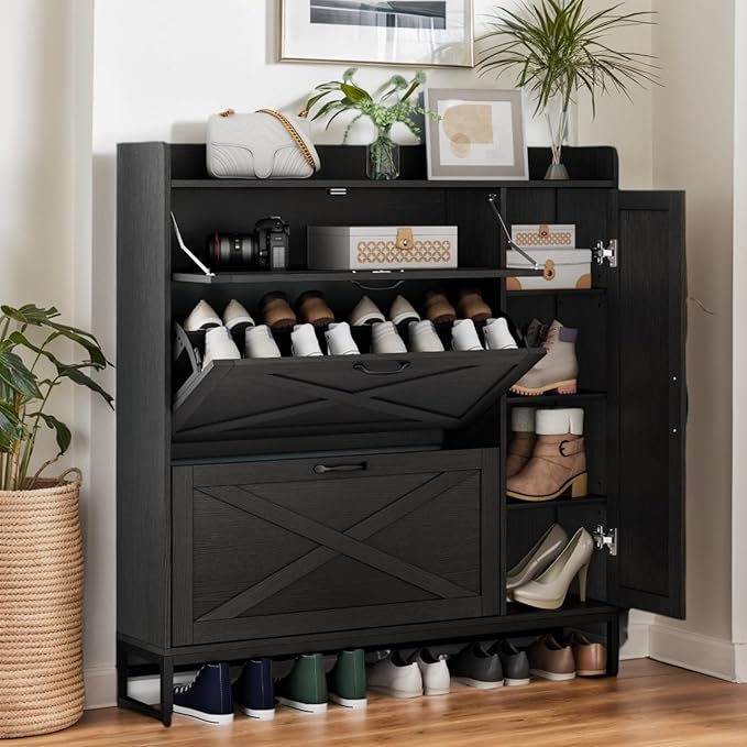 Gyfimoie Shoe Storage Cabinet with 2 Flip Drawers, Freestanding Shoe Cabinet Organizer with Storage Shelf, Shoe Rack with Adjustable Side Cabinet, Narrow Farmhouse Shoe Cabinet for Entryway (Black)