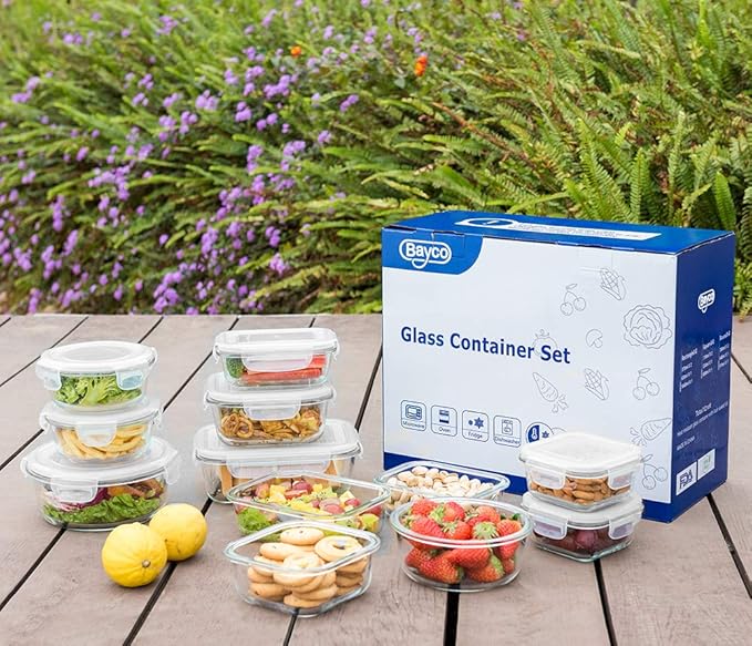 Bayco Glass Food Storage Containers, [24 Piece] Airtight Meal Prep Bento Boxes, Leak Proof (12 lids & 12 Containers) - White