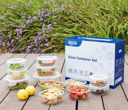Bayco Glass Food Storage Containers, [24 Piece] Airtight Meal Prep Bento Boxes, Leak Proof (12 lids & 12 Containers) - White