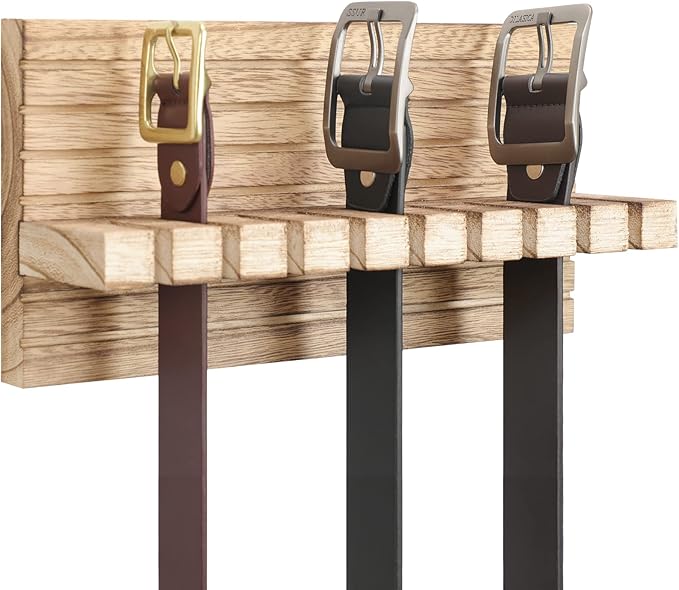 Belt Organizer for Closet, Belt Hanger Wall Mounts to Hold 9 Belts Without Slipping, Space Saving Belt Rack for Closet Organization Includes Mounting Hardware (11.8” x 5.5” x 2.5”) (Wood)
