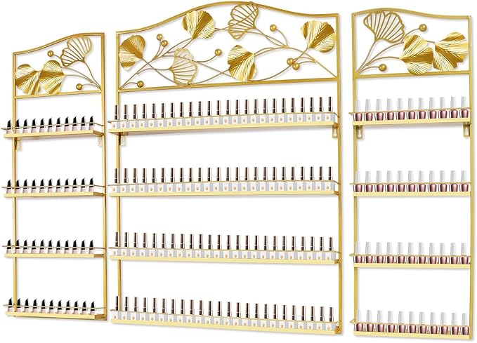 EBANKU Metal Nail Polish Racks, Gold Flower Shape Display Rack Cosmetic Display Case Lipstick Perfume Wall-mounted Shelf Essential Oil Organizer for Home Spa Nail Salon Shop