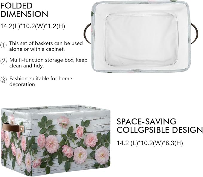 Large Storage Basket Pink Rose Storage Bin Cube Canvas Fabric Organizer Handles Collapsible for Clothes Toys Bedroom Decorative