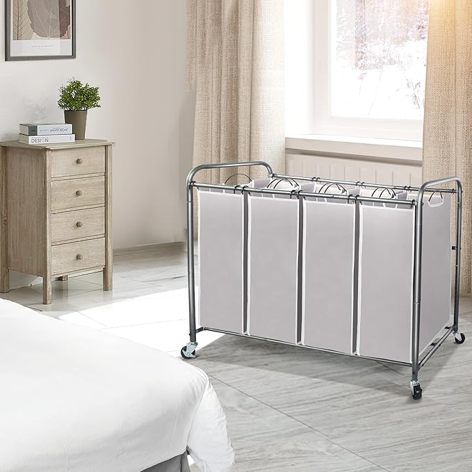 STO STO Laundry Sorter 4 Section, 4 Bag Clothes Hamper, Rolling Laundry Cart Basket with Heavy Duty Lockable Wheels and Removable Bag for Laundry Room, Bedroom, Closet, Gray