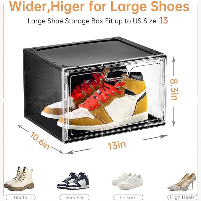 Amllas New 8 Pack Shoe Boxes Stackable, Large Shoe Storage Organizer with Lids,Drop Side Shoe Containers for Entryway,Sneaker Storage Fit up to US Size 13 for Men/Women(13’’x 10.6”x 8.3”)