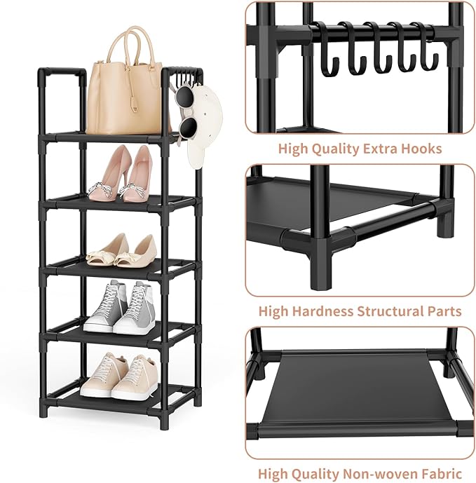 LANTEFUL Narrow Shoe Rack 5 Tier Shoe Shelf Storage for 5-10 Pairs Shoe and Boot, Sturdy Shoe Storage Space Saving Corner Shoe Rack Organizer for Closet, Entryway, Living Room, Black