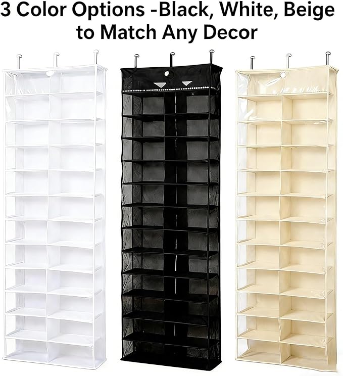 Over The Door Sweatshirt Organizer, Hoodie Organizer For Closet, 26-Pocket Hanging Clear Door Shoe Organizers, Portable Hoodie Storage Organizers - Large 63" x 22" Foldable (Black)