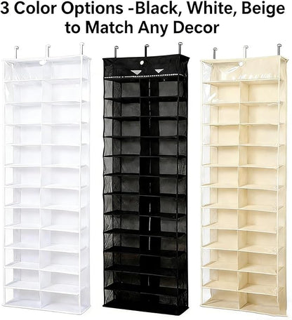 Over The Door Sweatshirt Organizer, Hoodie Organizer For Closet, 26-Pocket Hanging Clear Door Shoe Organizers, Portable Hoodie Storage Organizers - Large 63" x 22" Foldable (Black)