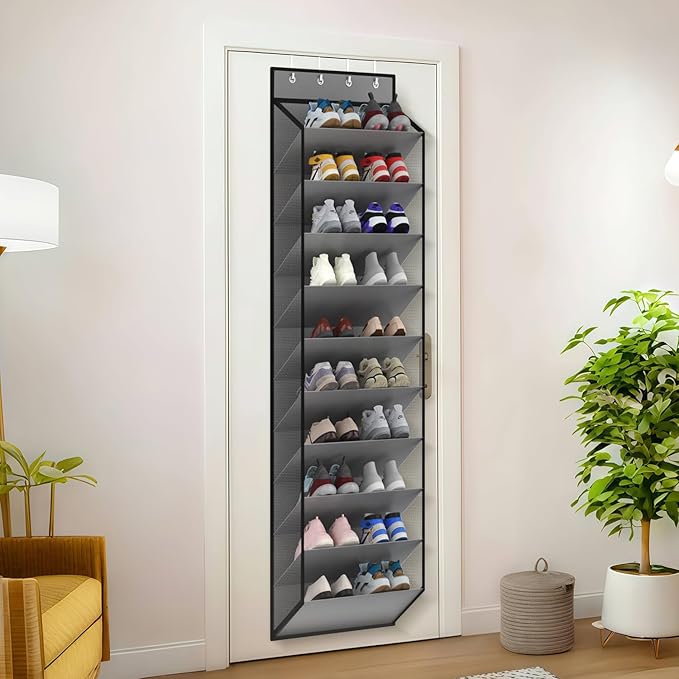 KEEPJOY 10 Tiers Mesh Over Door Shoe Organizer Storage, Hanging Shoe Holder for Door with Large Deep Pockets, Holds 20-30 Pairs of Shoes, Ideal for Sneakers & Boots(Grey)