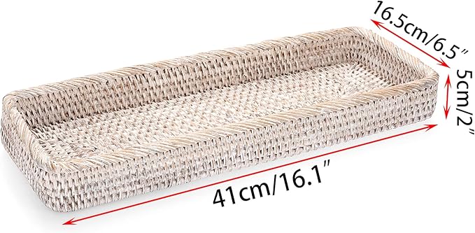 Sumnacon 16 Inch Rattan Bathroom Vanity Tray - Decorative Wicker Toilet Tank Tray for Paper Hand Towel,Vintage Storage Basket Bin for Bathroom Kitchen Toilet Tank Vanity Countertop Table Shelf,White
