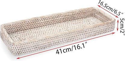 Sumnacon 16 Inch Rattan Bathroom Vanity Tray - Decorative Wicker Toilet Tank Tray for Paper Hand Towel,Vintage Storage Basket Bin for Bathroom Kitchen Toilet Tank Vanity Countertop Table Shelf,White