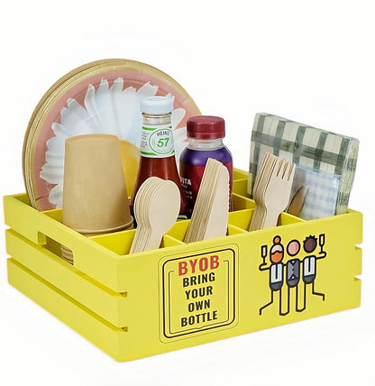 Utensil Holder for Party Farmhouse Crate Look - Yellow Napkin Paper Plate Dispenser for Countertop - Silverware Caddy for Plate, Cup, Fork, Spoon - Flatware Box Organizer for Outdoor Camping Picnic
