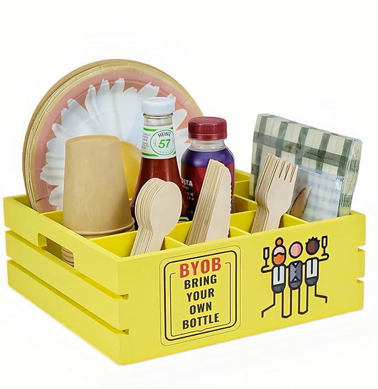 Utensil Holder for Party Farmhouse Crate Look - Yellow Napkin Paper Plate Dispenser for Countertop - Silverware Caddy for Plate, Cup, Fork, Spoon - Flatware Box Organizer for Outdoor Camping Picnic