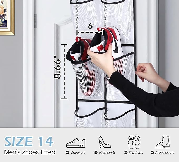MISSLO Over The Door Shoe Organizer 12 Large Mesh Pockets Hanging Narrow Closet Door, White, 2 Pack