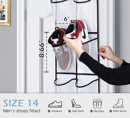 MISSLO Over The Door Shoe Organizer 12 Large Mesh Pockets Hanging Narrow Closet Door, White, 2 Pack