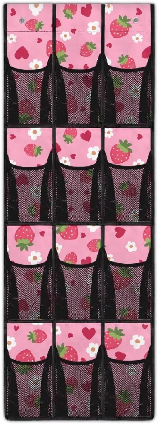 Strawberries Over The Door Shoe Organizer 12 Pockets Wall Hanging Storage Pink Over The Door Closet Organizer Large Capacity Shoe Holder Hanger for School