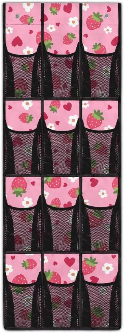 Strawberries Over The Door Shoe Organizer 12 Pockets Wall Hanging Storage Pink Over The Door Closet Organizer Large Capacity Shoe Holder Hanger for School