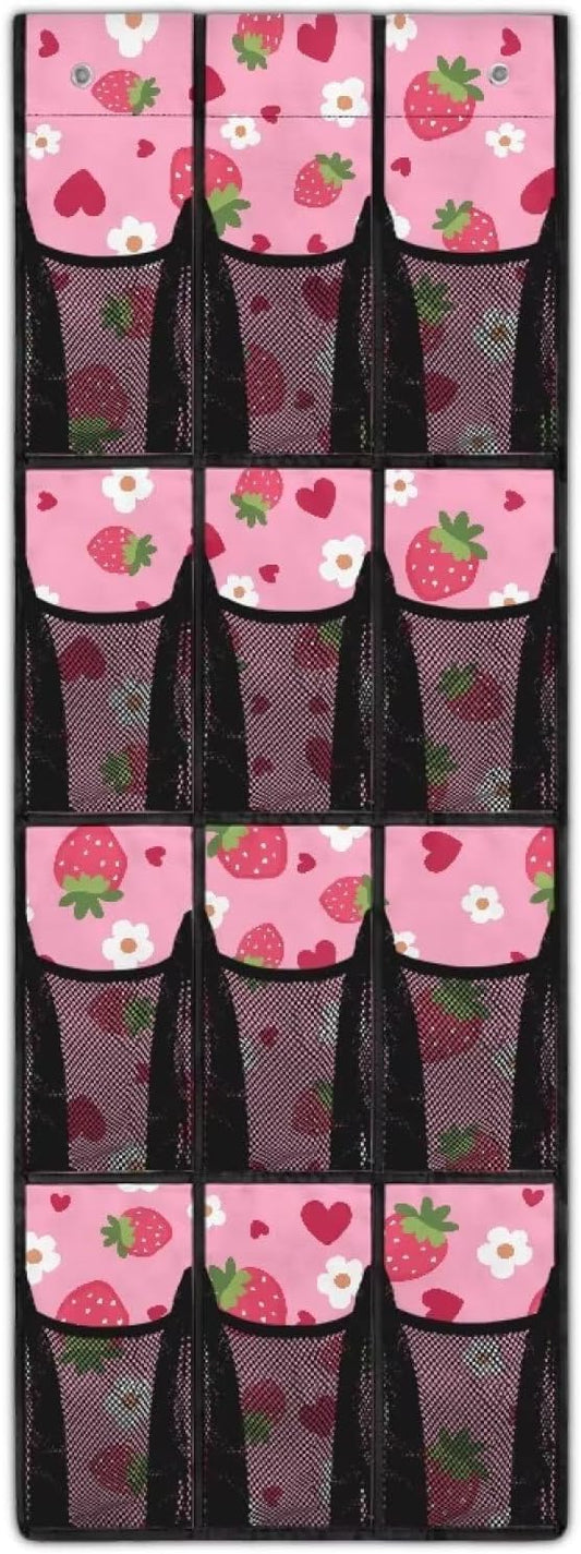 Strawberries Over The Door Shoe Organizer 12 Pockets Wall Hanging Storage Pink Over The Door Closet Organizer Large Capacity Shoe Holder Hanger for School