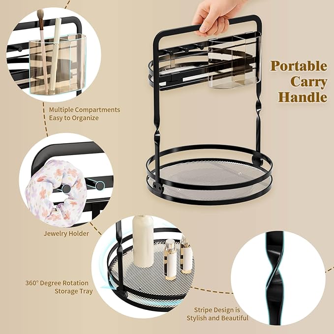360 Rotating Makeup Organizer, Black Perfume Organizer for Dresser, 2-Tier Bathroom Countertop Organizer, Lazy Susan Skincare Storage, Spinning Vanity Tray with Jewelry Hooks & Brush Holder