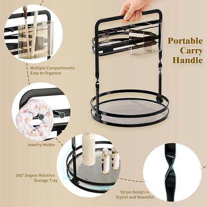 360 Rotating Makeup Organizer, Black Perfume Organizer for Dresser, 2-Tier Bathroom Countertop Organizer, Lazy Susan Skincare Storage, Spinning Vanity Tray with Jewelry Hooks & Brush Holder