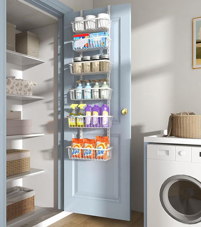 Mefirt 12 Inch Wide Narrow Over The Door Pantry Organizer, Pantry Organization and Storage, 6-Tier Metal Hanging Deep Basket Wall Spice Rack Seasoning Shelves, Home & Kitchen Essentials, White