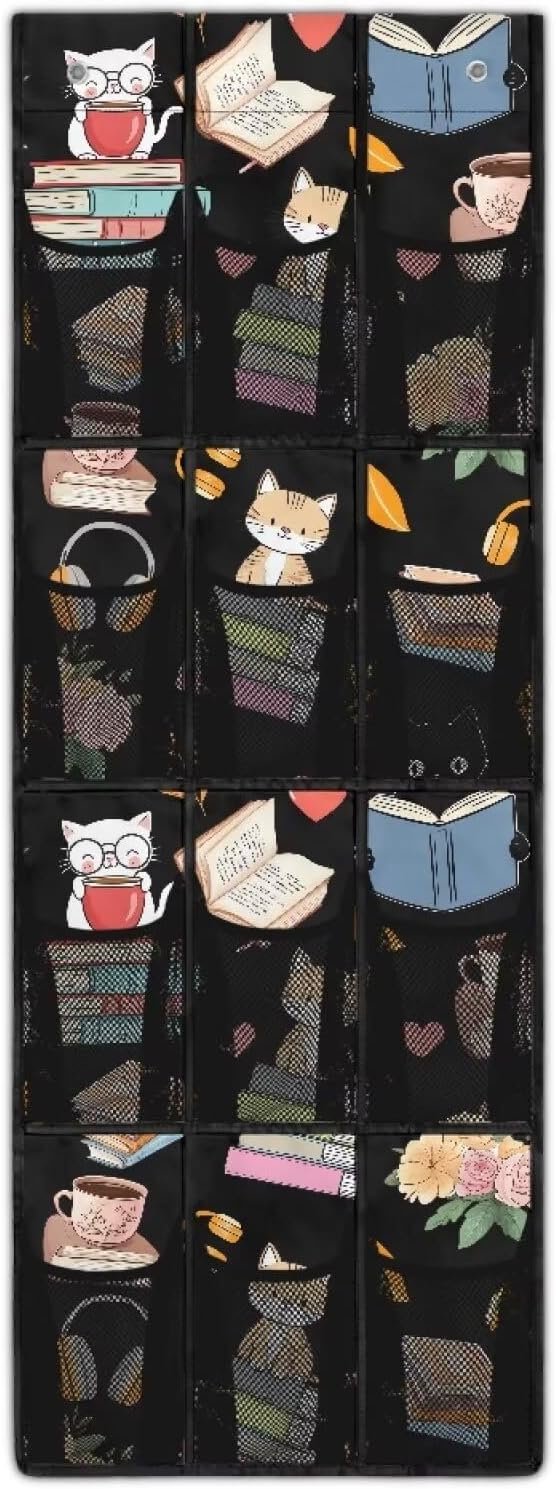 Cat Reading Over The Door Pantry Organizer,Hanging Baskets with 12 Mesh Large Pockets,Over The Door Organizer,Pantry Organizers and Storage,Stable Spice Rack for Kitchen,Bathroom