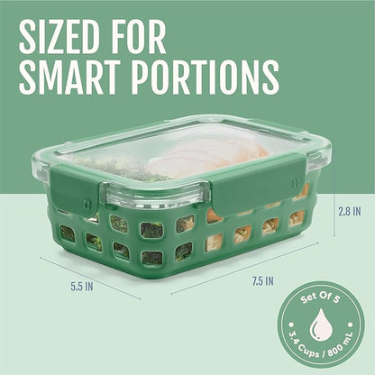 Ello Duraglass 3.4 Cup Meal Prep Sets 10Pc, 5 Pack Set- Glass Food Storage Container with Silicone Sleeve and Airtight BPA-Free Plastic Lids, Dishwasher, Microwave, and Freezer Safe, Olive Tree