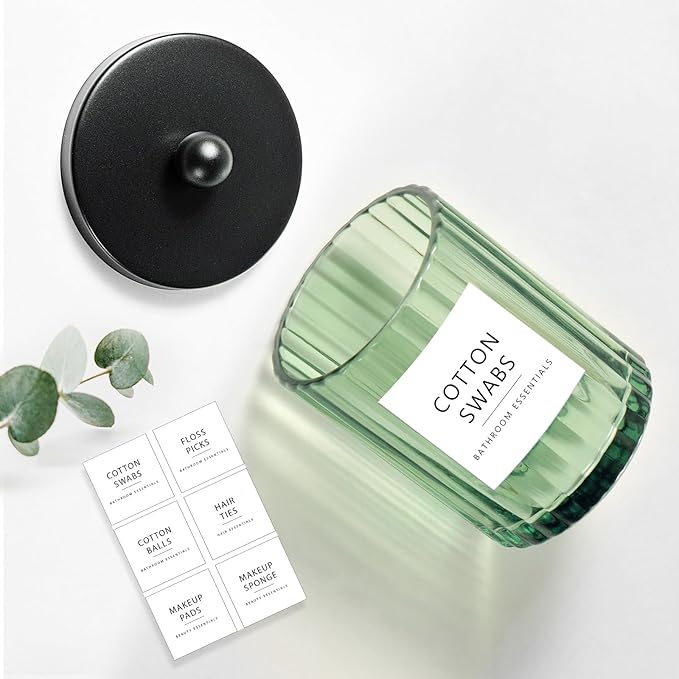 Amolliar Sage Green Glass Apothecary Jar, Qtip Holder Dispenser for Cotton Swabs, Balls, Makeup Pads, Floss Picks, Bathroom Essential Accessories, Countertop Canister Storage Organizer (Black, 2 Pack)