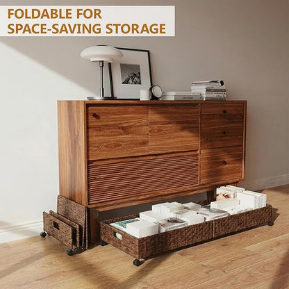 2 Pack Under Bed Storage with Wheels, 40L Large Under Bed Storage Containers with Handwoven Rattan , Rolling Underbed Organizer Bins Drawers for Clothes, Shoes, Blankets, Brown(31.5 x 15.75 x 6.3 In)