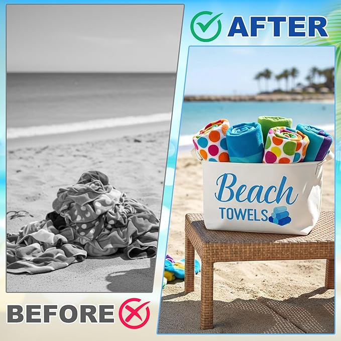Yungyan Beach Towel Storage Basket Bin and Organizer Large Pool Beach Towel Storage Basket Gift Waterproof Canvas Cube with Handle for Outdoor Summer Seaside Home Clothes Book Toys Organization