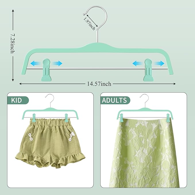 HUADYMEET 10 Pack 14 Inch Pants Skirt Hangers Non Slip,Plastic Jeans Trousers Hangers with Adjustable Clips and Swivel Hook for Women,Men,Heavy Duty Space Saving Clothes Hanger for Shorts,Slacks,Green