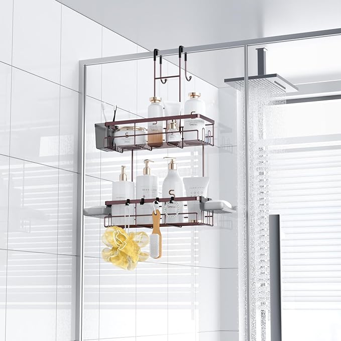 Aitatty Over the Door Hanging Shower Caddy: Rustproof Hanging Organizer over the Door - No Drilling Bathroom Rack for Inside Shower Bronze