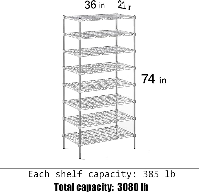 21" Deep x 36" Wide x 74" Height Wire Shelving Kit | 8-Tier | NSF Commercial Storage Rack Unit