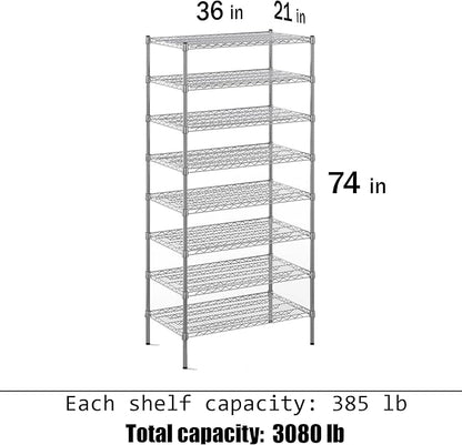 21" Deep x 36" Wide x 74" Height Wire Shelving Kit | 8-Tier | NSF Commercial Storage Rack Unit