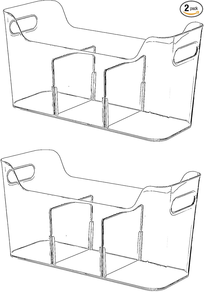 Tall Narrow Clear Bins with Dividers, Plastic Containers for Organizing Kitchens and Bathrooms - 14" L, 2 Pack
