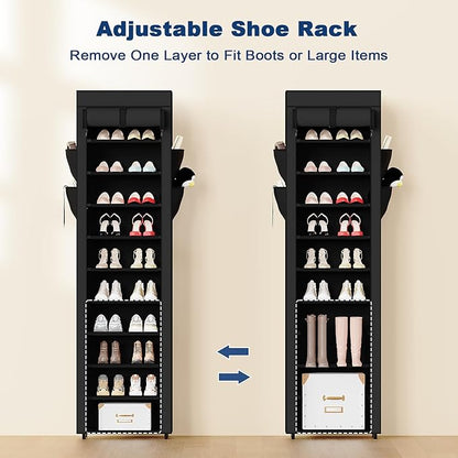 Mavivegue Shoe Rack with Cover, 10 Tier Tall Shoe Organizer for 18-22 Pairs of Shoes, Shoe Organizer with 4 Side Pockets, Shoe Cabinet for Entryway, Closet